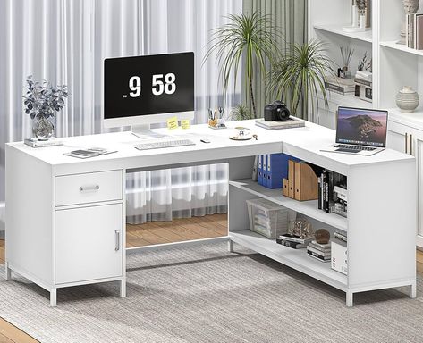 Amazon.com: TVU L Shaped Computer Desk with Drawer & File Cabinet, 61" Corner Desk with 2 Storage Shelves, Writing Desk with Large Storage for Home Office : Home & Kitchen