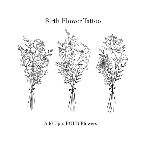 Custom Birth Flower Bouquet, Family Birth Month Tattoo Design - Upto 4 flowers Add upto seven flower here: https://www.etsy.com/in-en/listing/1214815343 Rush order 24 hours delivery: www.etsy.com/in-en/listing/1068647061 Add On Bees & Butterflies here: https://etsy.me/35V2wmY Monogram birthflower design- https://etsy.me/3Q4F1JK Cross tattoo design: https://www.etsy.com/in-en/listing/1167555908 Add Names to the Stem: https://etsy.me/3cAMCRW Coloured Birth Flower option: https://etsy.me/3PQwiLk Fo Birth Flower Bouquet Tattoo, December Flower, November Flower, Flower Bouquet Drawing, Flower Bouquet Tattoo, December Birth Flower, Birth Flower Bouquet, October Birth Flowers, July Birth Flower