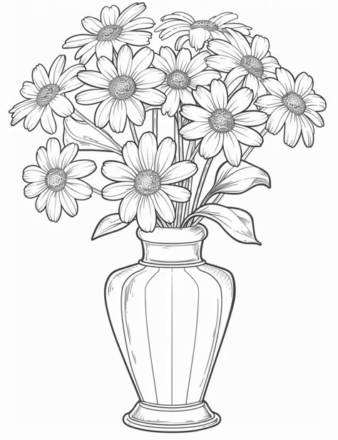 Midjourney AI Image: adult coloring book, a vase of daisy flowers, low detail, no shading, --ar 17:22 → more in ai-img-gen.com Flower With Vase Drawing, Flower In Vase Drawing, Flowers Bouquet Drawing, Flower Pot Drawing, Daisies In A Vase, Flower Vase Drawing, Bouquet Of Daisies, Flower Bouquet Drawing, Diy Bracelets With String