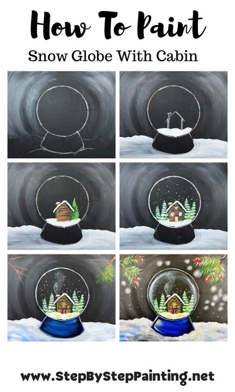 Snow Globe Painting For Kids, Snow Globe Acrylic Painting, Snow Globe Cabin, How To Paint A Snow Globe, Grade 4 Winter Art Projects, Paint Night Ideas Winter, How To Draw A Snow Globe, New Years Painting Ideas For Kids, Snow Globe Painting Canvas