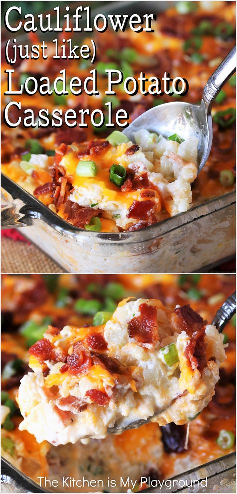 Cauliflower (just like) Loaded Baked Potato Casserole Baked Potato Rounds, Baked Cauliflower Casserole, Loaded Potato Casserole, Loaded Cauliflower Bake, Twice Baked Cauliflower, Loaded Baked Potato Casserole, Cauliflower Casserole Recipes, Loaded Cauliflower Casserole, Loaded Cauliflower