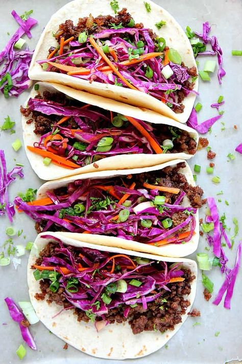 Korean Ground Pork, Bulgogi Tacos, Ground Pork Tacos, Asian Tacos, Fusion Tacos, Korean Beef Tacos, Korean Beef Recipes, Bbq Tacos, Korean Bbq Beef