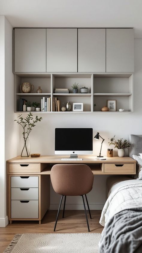 A stylish home office setup with a wall-mounted desk and storage above, combined with a cozy bedroom space. Above Desk Storage, Guestroom Home Office Combo, Desk Next To Bed, Small Bedroom With Desk, Office Nook Ideas, Bedroom With Desk, Guest Bedroom And Office, Desk In Bedroom, Office Bedroom Combo