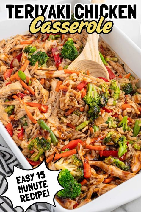 Teriyaki Chicken Casserole is a complete dinner in one dish! It’s made with tender chicken, stir fry veggies, and rice, all mixed together in a sweet teriyaki sauce. A healthy homemade meal you can feel good about feeding your family. #TeriyakiChicken #HealthyCasserole #EasyDinner #MealPrep #FamilyDinner Teriyaki Chicken Casserole Recipe, Easy Healthy Chicken Casserole Recipes, Asian Casserole, Chicken Teriyaki Casserole, Princess Recipes, Teriyaki Chicken Casserole, Stir Fry Veggies, Veggies And Rice, Chicken Casserole Recipes Healthy