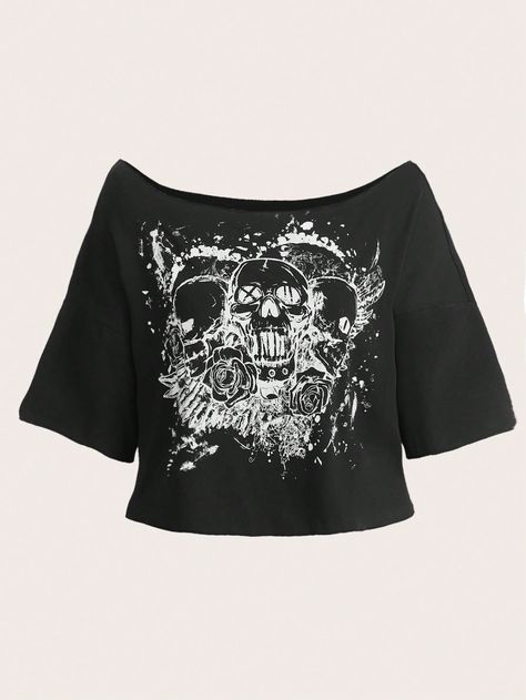 Grunge Punk Skull Graphic Off Shoulder TeeI discovered amazing products on SHEIN.com, come check them out! New Trendy Clothes For Women, Off Shoulder T-shirt, Cute Graphic Crop Tops, Scene Crop Top, Skull Graphic Tee, Off The Shoulder Graphic Tee, Y2k T-shirts, Off Shoulder Shirts, Cute Y2k Shirts