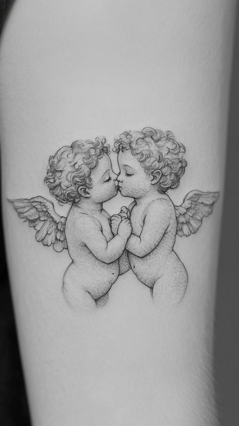 Inspired by this beautiful symphony that Twin Flames share, we collected 11 angel tattoo ideas for you and your love. These tattoo ideas are a beautiful symbol of the heights you and your beloved can achieve together when you join in divine love. Twin Angel Tattoo, Twin Angels Tattoo, Cute Twin Flame Tattoos, Angel Twins Tattoo, Matching Tattoos For Best Friends Twin Flame, Twin Symbol Tattoos, Twins Symbol Tattoos, Twin Flame Art Tattoo, Twin Mom Tattoo