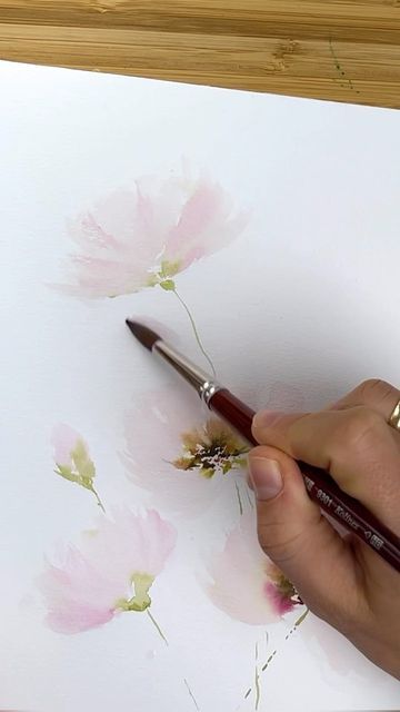 How To Paint Cosmos, Watercolour Cosmos Flower, Watercolor Cosmos Flower, Learning Watercolor, Illustrator Pattern, Paint With Me, Watercolour Card, Cosmos Flowers, Watercolor Tutorials