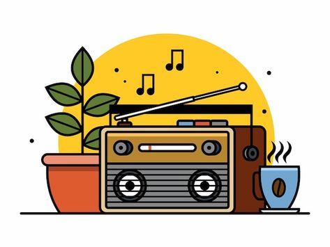 Retro radio with coffee and plant vector... | Premium Vector #Freepik #vector #vintage-radio #old-radio #radio #old-music Radio Art Drawing, Radio Drawing Simple, Vintage Radio Tattoo, Old Radio Drawing, Radio Doodle, Vintage Radio Illustration, Radio Painting, Radio Cartoon, Radio Illustration