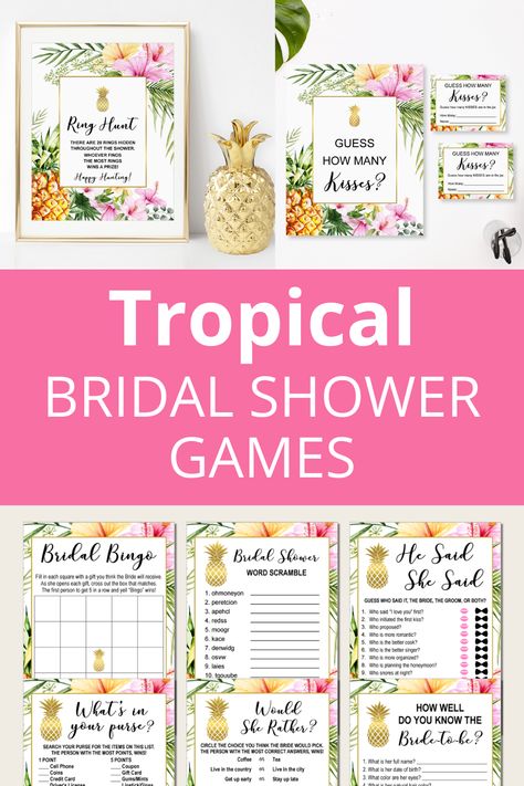 Pineapple Themed Bridal Shower Ideas, Hawaiian Wedding Shower Ideas, Pineapple Bridal Shower Theme, Tropical Bridal Shower Games, Pineapple Bridal Shower Ideas, Island Theme Bridal Shower Ideas, Luau Wedding Shower Ideas, Luau Bridal Shower Ideas Decor, Bridal Shower Tropical Theme