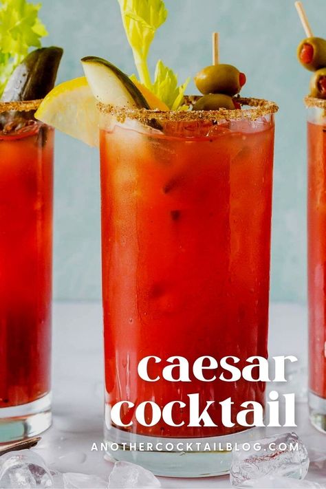 Similar to a Bloody Mary, the bloody Caesar cocktail - normally just called a Caesar - is a classic Canadian drink made with Clamato juice, vodka, Worcestershire sauce, and hot sauce. It's rimmed with celery salt and traditionally garnished with celery and lime. Caesar Recipe Drink, Best Caesar Drink Recipe, Cesar Drink Cocktails, Caesar Drink, Canadian Drinks, Caesar Cocktail, Bloodymary Cocktail Recipe Easy, Bloodymary Cocktail Toppings, Vodka Sunrise