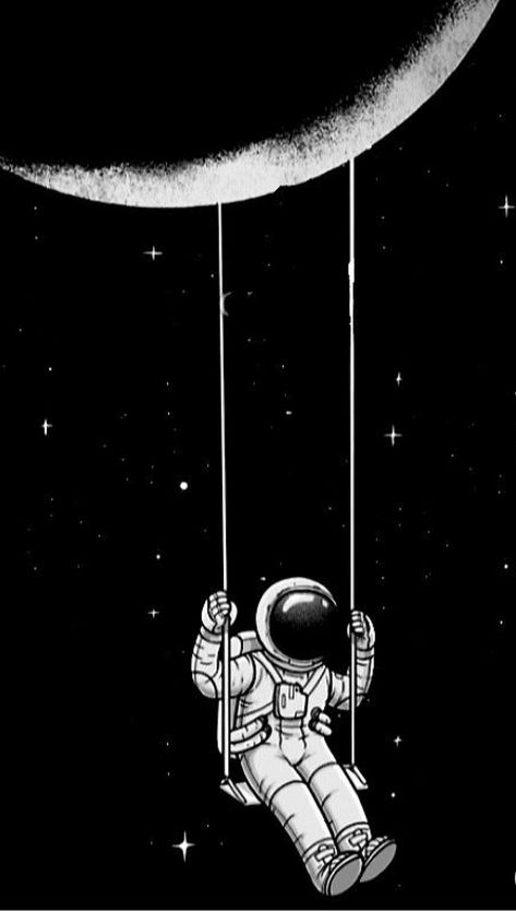 Moon And Astronaut Wallpaper, Astronaut Swinging On Moon, Astronaut On Moon Drawing, Astronaut On The Moon Drawing, Easy Astronaut Painting, Moon Drawing Wallpaper, Astronaut In Moon, Astronaut Aesthetic Art, Space Astronaut Aesthetic