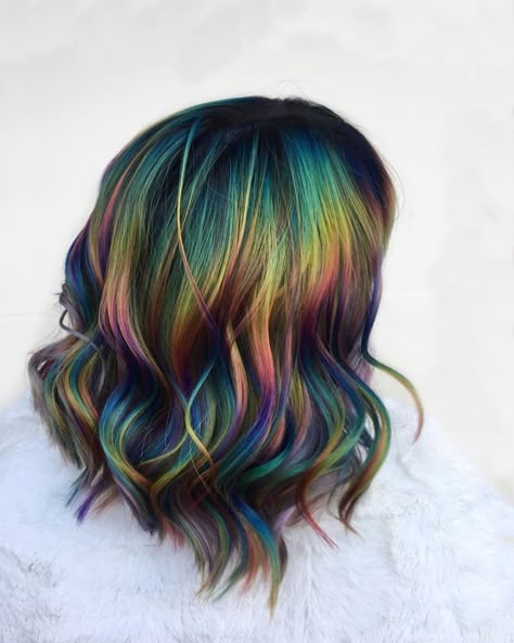 Oil Slick Hair Color, Oil Slick Hair, Slick Hair, Rainbow Hair Color, Rockabilly Hair, Hair Color Techniques, Hair Dye Ideas, Oil Slick, Hair Dye Colors