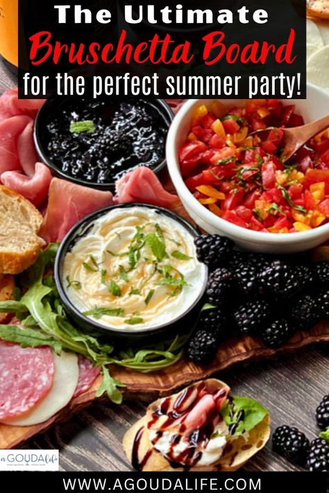 Easy Bruschetta Bar with the absolute best toppings = the ultimate summer party appetizer! Delicious (prep ahead) build-your-own bruschetta - simple entertaining or light summer meal. #bruschetta #bruschettabar #bruschettaboard #bestbruschettatoppings #bruschettatoppings #tomatobasilbruschetta #memorialweekendappetizer #july4thappetizer #4thofjulyappetizer #easysummerappetizer #agoudalife Bruschetta Bar Build Your Own, Bruschetta Charcuterie Board, Summer Happy Hour Appetizers, Bruschetta Board Ideas, Bruschetta Bar Ideas, Brushetta Appetizers, Bruschetta Board, Bruchetta Appetizers, Antipasto Platters