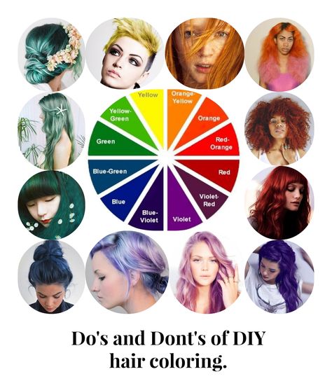 The color wheel applied to hair dye and toner selection.  Tip: to cancel out unwanted tones and pigment, choose the color opposite the unwanted pigment as a toner.  Violet cancels out brassy yellow tones, blue and green negate orange and red. Diy Hair Coloring, Hair Color Wheel, Diy Hair Color, Types Of Hair, Coloring Tips, Hair Coloring, Colored Hair, Diy Hair, Hair Dos