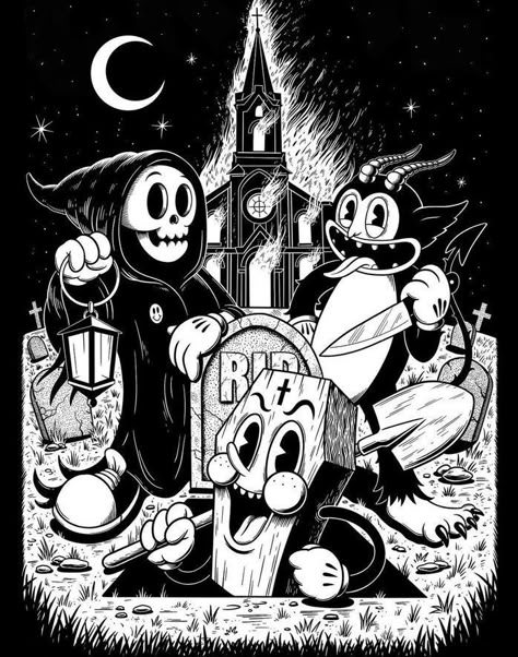 Rubber Hose Halloween, Gang Artwork, Rubber Hose Art, Lowbrow Art Illustration, Rubberhose Style, Rubber Hose Cartoon, Vintage Cartoon Art, 30s Cartoon, Dark Cartoon