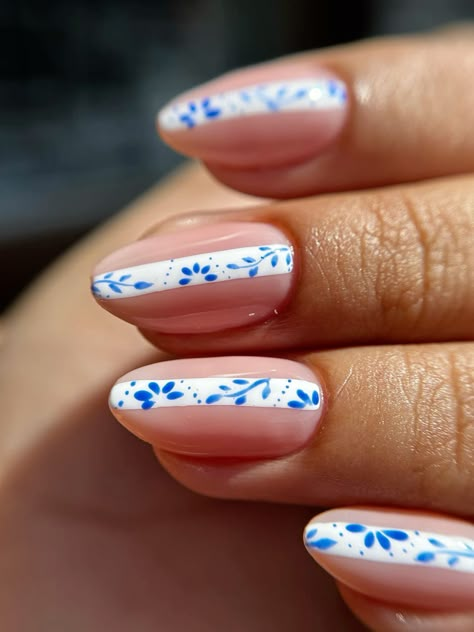 Warning: These nail art ideas may cause extreme jealousy and an overwhelming desire to promptly schedule your next appointment at the salon! So, if you’re not prepared to have the most enviable nails in town, it may be best to turn back now. .  .. Nails For Traveling To Europe, White And Blue China Nails, Mediterranean Nail Ideas, Short Cruise Nails, China Plate Nails, Nantucket Nails, China Pattern Nails, Grecian Nails, Chinoiserie Nails