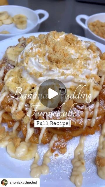 FoodHQ on Instagram: "Banana Pudding Funnel Cake 😍🍌  🎥 By: @shenickathechef   Pudding Ingredients •1 pack jello French vanilla instant pudding •1 pack jello Cheesecake instant pudding •1 1/4 cup of plantbased milk  •Splash of banana extract (optional) •1 container of cream cheese  1 can of condensed milk •Half of a lemon squeezed •1 tub of plantbased cool whip  Funnel cake ingredients •2 cups Pancake mix •1/4 of apple sauce is equivalent to one egg as replacement so use 2/4 cup •2 TB oil •1 1/2 cup of plantbased milk  Oil for frying   Topping @nabiscosnacks lorna doone cookies crumbled, @reddiwip almond milk whipped cream and sliced bananas for topping  Directions  Add pudding mix, milk, and banana extract to a bowl and whisk until smooth. This is you base and should be placed in the fr Banana Pudding Funnel Cake, Cream Cheese Condensed Milk, Almond Milk Whipped Cream, Pancake Ingredients, Jello Cheesecake, Banana Extract, Lorna Doone, Milk Splash, One Egg