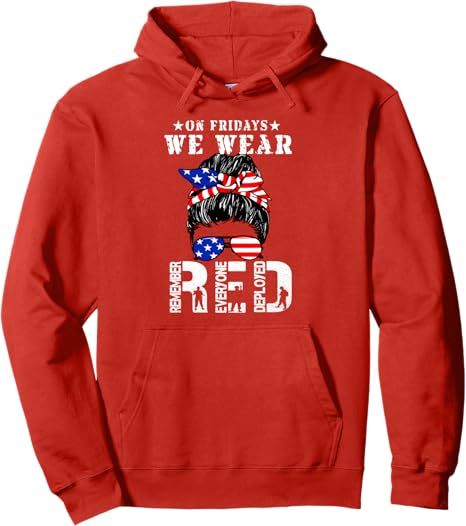 Amazon.com: On Fridays We Wear RED Messy Bun US Flag Red Friday Pullover Hoodie : Clothing, Shoes & Jewelry Red American Flag Crew Neck Shirt, Red Americana T-shirt For Memorial Day, Red Friday Military, American Flag Print Red T-shirt, Remember Everyone Deployed, American Flag Hoodie, Red Patriotic T-shirt With American Flag Print, Red Friday, Air Force Veteran