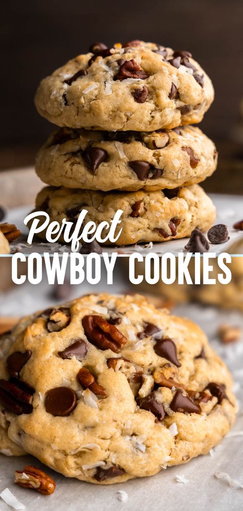 A top image of three thick chocolate chip cookies stacked on top of each other in a tower surrounded by chocolate chips, and a bottom image of a closeup of a large chocolate chip cookie loaded with chocolate chops, pecan pieces and shredded coconut on a baking sheet. Best Cowboy Cookies, Cowboy Cookies Recipe, Farmhouse Cooking, Sweet Salads, Cowboy Cookie Recipe, Cowboy Cookies, Butter Recipes, Oatmeal Chocolate, Chocolate Dessert