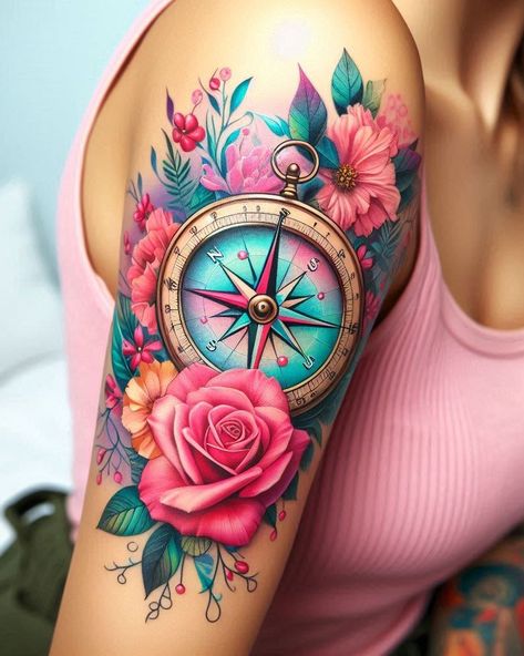 Feminine Tattoos Unveiled: Beyond Butterflies, Roses and Heart Inks | Pocoko Flower With Compass Tattoo, Compass Back Tattoo For Women, Compass And Watch Tattoo, Time Travel Tattoo Ideas, Colorful Compass Tattoo, Watercolor Tattoo For Women Unique, Feminine Compass Tattoo Design, Elaborate Tattoos, Compass Tattoo Feminine