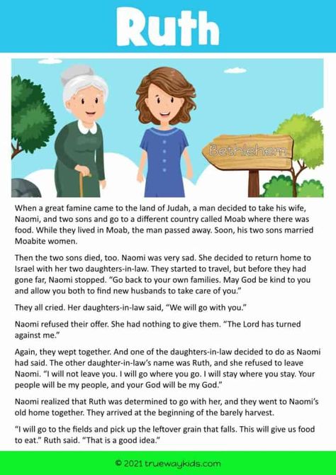 Ruth Bible story for kids Ruth Story Bible, Ruth And Naomi Bible Story Preschool, Story Of Ruth Bible, Bible Questions For Kids, Bible Story For Kids, Naomi Bible, Bridge Kids, Bible Lesson For Kids, Adventurers Club