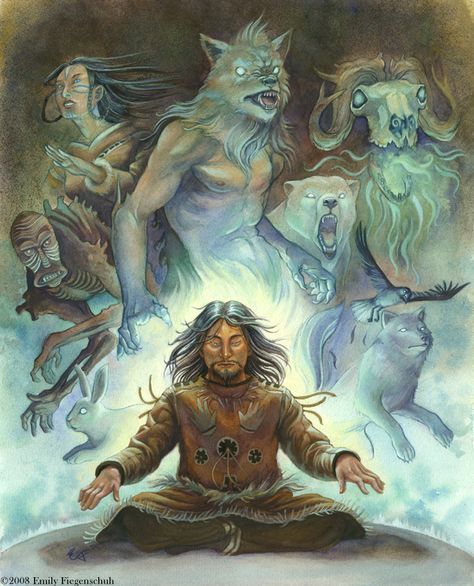 Amazing art of Emily Fiegenschuh at E-Figart.com. |ॐ| This illustrates the feel of the trollish shamans in the tribes that are tucked into the mountains, both in skin and hair tones, outfit, and spiritual belief. Shaman Illustration, Jahanara Begum, Native American Mythology, Shamanic Journey, Inuit Art, Psy Art, Digital Art Gallery, Visionary Art, Native Art