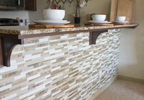 How to Create an Easy Kitchen Island Tile Backsplash Tiled Kitchen Island Base, Kitchen Island Tile Ideas, Kitchen Island Wall Covering Ideas, Kitchen Island Tile, Brown Painted Cabinets, Easy Kitchen Island, Tile Kitchen Island, Kitchen Island Base, Stone Kitchen Island