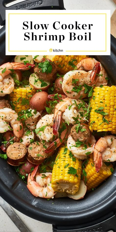 Main Dish For A Crowd, Crock Pot Shrimp, Dish For A Crowd, Shrimp Corn, Shrimp Boil Recipe, Seafood Boil Recipes, Kielbasa Sausage, Boiled Food, New Potatoes