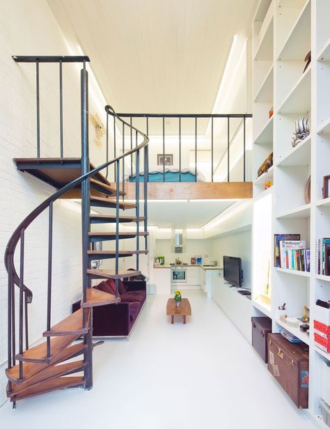 Compact Loft Apartment with Spiral Staircase - London, UK Design Casa Piccola, Long Narrow Living Room, Modern Appartement, Contemporary Loft, Contemporary Staircase, Apartment Floor, Narrow Living Room, Family Room Makeover, Interior Design Per La Casa