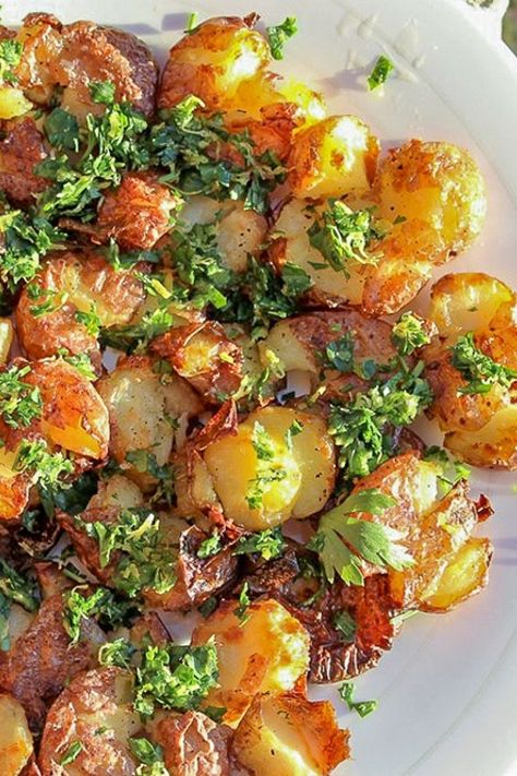 Smashed Fingerling Potatoes, Crispy Potatoes In Oven, Lemon Gremolata, Brocolli Cheese, Gf Sides, Roasted Smashed Potatoes, Crispy Roasted Potatoes, Crushed Potatoes, Crispy Smashed Potatoes