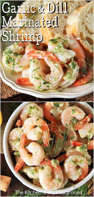 Garlic & Dill Marinated Shrimp ~ Garlic, fresh dill, and a touch of lemon combine beautifully to create a tasty light-bodied marinade for shrimp. They're the perfect little party bite! www.thekitchenismyplayground.com Marinade For Shrimp, Mixed Seafood Recipe, Dill Recipes, Marinated Shrimp, Delicious Seafood Recipes, Shrimp Appetizers, Scampi Recipe, Prawn Recipes, Shrimp Recipes For Dinner