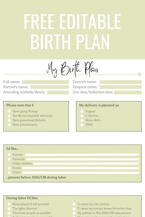 A birth plan is a document written by you that outlines your preferences during labor, delivery and postpartum. This will aid your birth team in your care process for routine care or in the case of an emergency. Please write your birth plan knowing that it is very common for birth to not go the way you imagine, but this tool can serve as a guide for you and your birth team to make decisions along the course of your birth. There are a lot of variables during the labor and delivery process Birth Preferences, Free Birth, Things To Pack, Doctor Names, Water Birth, Birth Plan, Labor Delivery, Plans Modern, Labor And Delivery