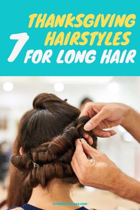 Image of a brunette woman getting her hair styled, the words '7 cute Thanksgiving hairstyles for long hair' written on top Romantic Updos, Thanksgiving Hairstyles, Thanksgiving Hair, Long Hair Care, Ballerina Bun, Hbd Quotes, Hairstyles Straight, Cute Curly Hairstyles, Hair Quotes