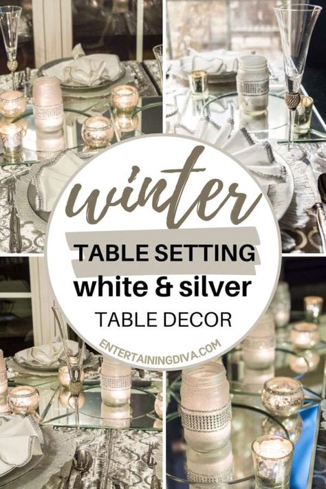 Create a beautiful tablescape this holiday season using the white & silver table decorations from this beautiful winter table setting. Silver Tablescape, Silver Christmas Table, Christmas Table Decorations Ideas, Christmas Adam, Frosted Glass Candle Holder, Winter Table Setting, Winter Wonderland Party Theme, Dreamy Christmas, Table Decorations Ideas