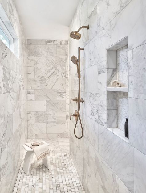 4 Shower Layouts that Will Transform Your Bathroom Master Shower Head Ideas, Shower Head Placement Walk In, Shower Hardware Placement, Handheld Shower Head Placement, Multiple Shower Heads Master Baths, Shower Fixture Placement Layout, Shower Sizes Layout, Two Shower Heads Master Bathrooms, Dual Shower Heads Master Baths Walk In