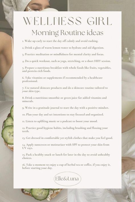 Your morning routine sets the tone for the day ahead, and as a health-conscious woman, you understand the importance of starting your day right. This is your time to nurture your body, mind, and spirit, setting the stage for a day filled with energy, positivity, and productivity. Embrace these morning routine ideas as a way to honor yourself, prioritize your well-being, and step into each day with grace and purpose.  For more daily inspiration follow @elle #NaturalHealthCare Creating Daily Routine, Realistic Routine, Women Morning Routine, Elle Luna, Wellness Girl, Honor Yourself, Girl Morning Routine, Morning Routine Ideas, Routine Ideas