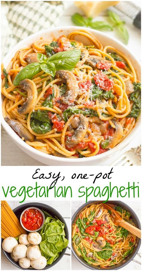 Vegetarian spaghetti with mushrooms and spinach makes an easy, healthy one pot pasta dinner that’s ready in 25 minutes! Spaghetti With Mushrooms, Sandwich Vegetarian, Healthy Stew, Mushrooms And Spinach, Vegetarian Stew, Vegetarian Spaghetti, Resep Pasta, One Pot Vegetarian, Diy Hack