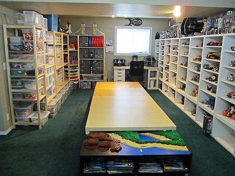 Lego Room 02 - east wall | Storage area on left, display on … | Flickr Lego Modular Display, Lego Architecture Display Ideas, Display Legos Kids Rooms, Lego Inside The Wall, Display Case For Lego Sets, Extra Bedroom Ideas, Lego Table Ikea, Lego Room Ideas, Lego Storage Organization