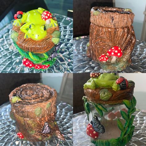 Polymer Clay On Glass Jars, Clay Glass Jar, Clay Jar Ideas, Nature Jar, Jars Ideas, Clay Jar, Stash Jar, Stash Jars, Jelly Jars