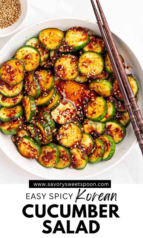 Looking for a quick and flavorful side dish? This Korean cucumber salad (Oi Muchim) is light, refreshing, and packed with bold flavors! Made with crisp cucumbers tossed in a tangy, slightly spicy dressing. This easy recipe is ready in just 15 minutes. It’s the perfect complement to Korean BBQ, rice bowls, or any meal needing a fresh, crunchy bite. Simple to prepare and packed with vibrant flavors, it’s sure to be a hit at your table! Korean Bbq Chicken Sides, Korean Seaweed Side Dish, Cucumber Salad Korean Style, Soy Cucumber Salad, Salad Cucumber Recipes, Veggie Side Salad, Fresh Pickled Cucumber Salad, Spicy Asian Cucumbers, Cucumber And Rice Recipes