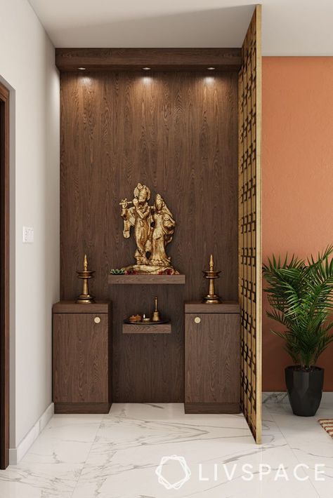 25+ Beautiful Mandir Designs That Will Fit Right Into Your Living Room Small Pooja Unit, Home Temple Ideas Puja Room, Mandir Designs, Room Partition Wall, Wall Partition Design, Altar Design, Living Room Divider, Mandir Design, Temple Design For Home