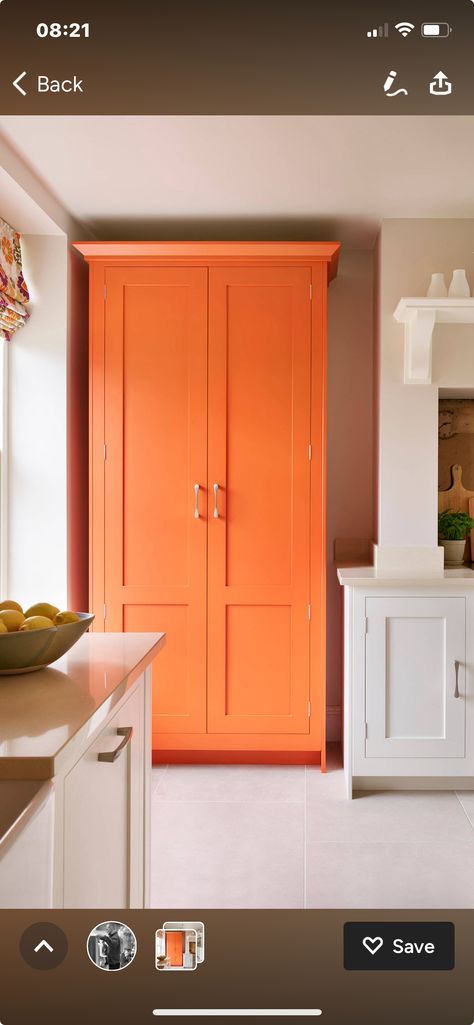 Orange Pantry, Orange Kitchen Cabinets, Mudroom Cabinets, Yellow Cabinets, Orange Kitchen, Humble Abode, Home Reno, Kitchen Ideas, Pantry