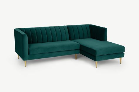 Amicie Right Hand Facing Chaise End Corner Sofa, Seafoam Blue Velvet | MADE.com L Shape Sofa Design, Green Sofa Decor, Shape Sofa Design, Sofa Design Luxury, Green Sofa Living, L Shaped Sofa Designs, Green Sofa Living Room, Sofa Couch Design, Luxury Sofa Living Room