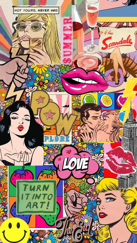 Pop art inspo #popart #wallpaper #vibes #70s Pop Art Fashion Aesthetic, Pop Art Mood Board Fashion, Pop Culture Mood Board, 70s Collage Art, Pop Art Phone Wallpaper, 70s Pop Art, Pop Art Background Pattern, Comic Aesthetic Pop Art, Vintage Pop Art Wallpaper