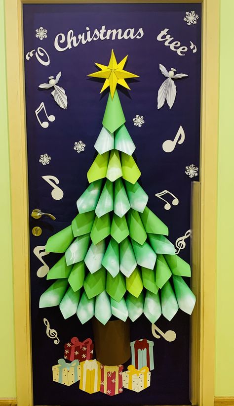 Diy Bulletin Board Christmas Tree, 3d Christmas Bulletin Board Ideas, Christmas Tree For Classroom Door, Paper Christmas Tree Bulletin Board, Classroom Wall Christmas Tree, 3d Paper Christmas Tree On Wall, Christmas Tree Boards Bulletin, Christmas Tree Out Of Construction Paper, Christmas Buliton Board Ideas