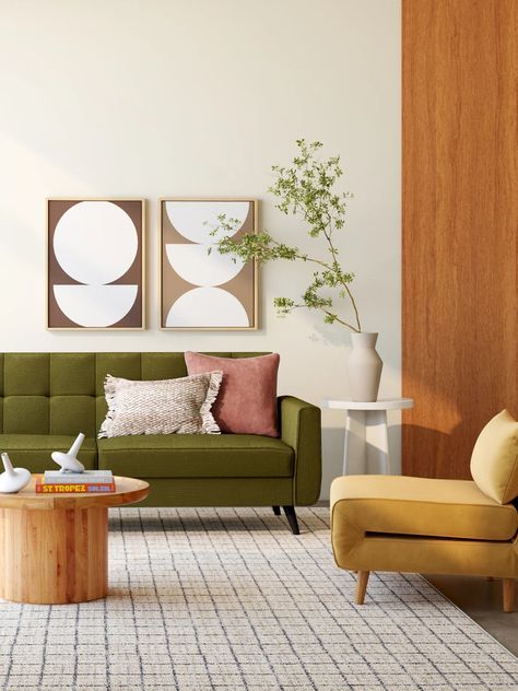 Retro Revival Interior Design, Modern Green Living Room, Madison Ct, Affordable Mid Century Modern Furniture, Mcm Living, Colorful Mid Century Modern, Mid Century Modern Interior Design, Stone Floors, Villa Rosa