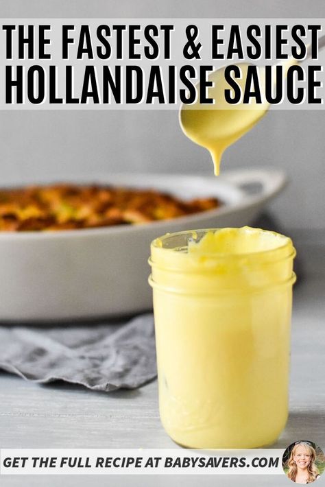 Anyone can make this delicious hollandaise sauce recipe! It's the easiest way to make it, with no cooking on the stovetop. Make Ahead Eggs Benedict, Holindaise Sauce, Make Ahead Eggs, Microwave Hollandaise Sauce, Best Hollandaise Sauce, English Muffin Toasting Bread, Sauce For Eggs, Benedict Breakfast, Hollandaise Sauce Recipe