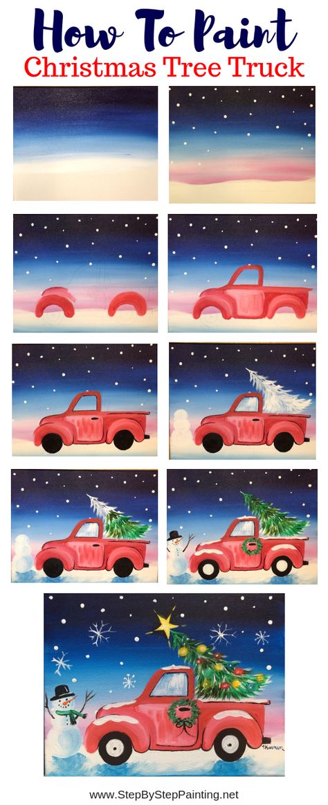 How To Paint A Christmas Tree Truck - Step By Step Painting Paint A Christmas Tree, Diy Christmas Canvas, Christmas Tree Drawing, Christmas Tree Truck, Christmas Paintings On Canvas, Paint Nite, Christmas Tree Painting, Navidad Diy, Paint Night