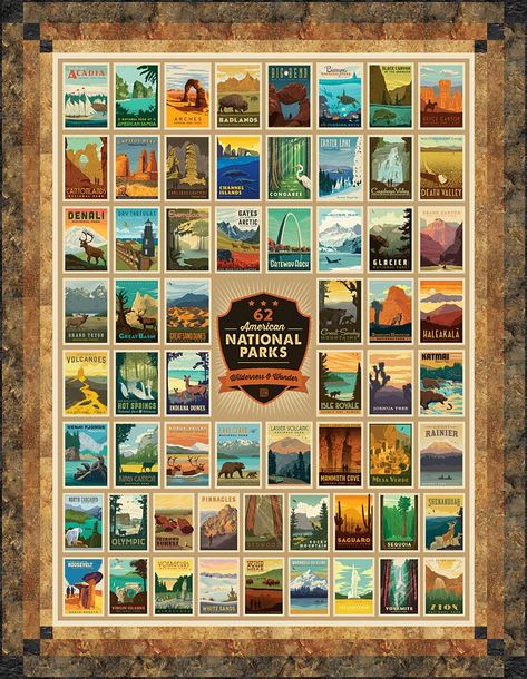 Follow your inner hiker/explorer and trek around the beautiful outdoors in this comprehensive quilt that features posters for 62 of the nation's most famous outdoor parks. National Park Panel Quilt Ideas, Travel Quilt Pattern, National Parks Panel Quilt Ideas, National Parks Quilt Blocks Patterns, National Park Panel Quilts, National Park Quilt Patterns, National Parks Quilt Ideas, National Parks Quilt, National Park Quilt