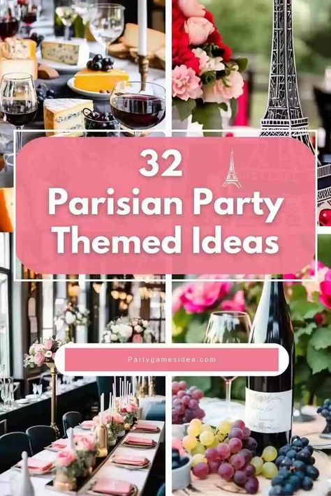 32 Parisian Party Themed Ideas That Are Amazing - Fun Party Games Ideas for Adults and Kids French Inspired Brunch, French Party Games, Night In Paris Theme Party Decorations, French Centerpieces, Night In Paris Theme Party, Party Themed Ideas, Eiffel Tower Centerpieces, Parisian Themed Party, Paris Theme Centerpieces